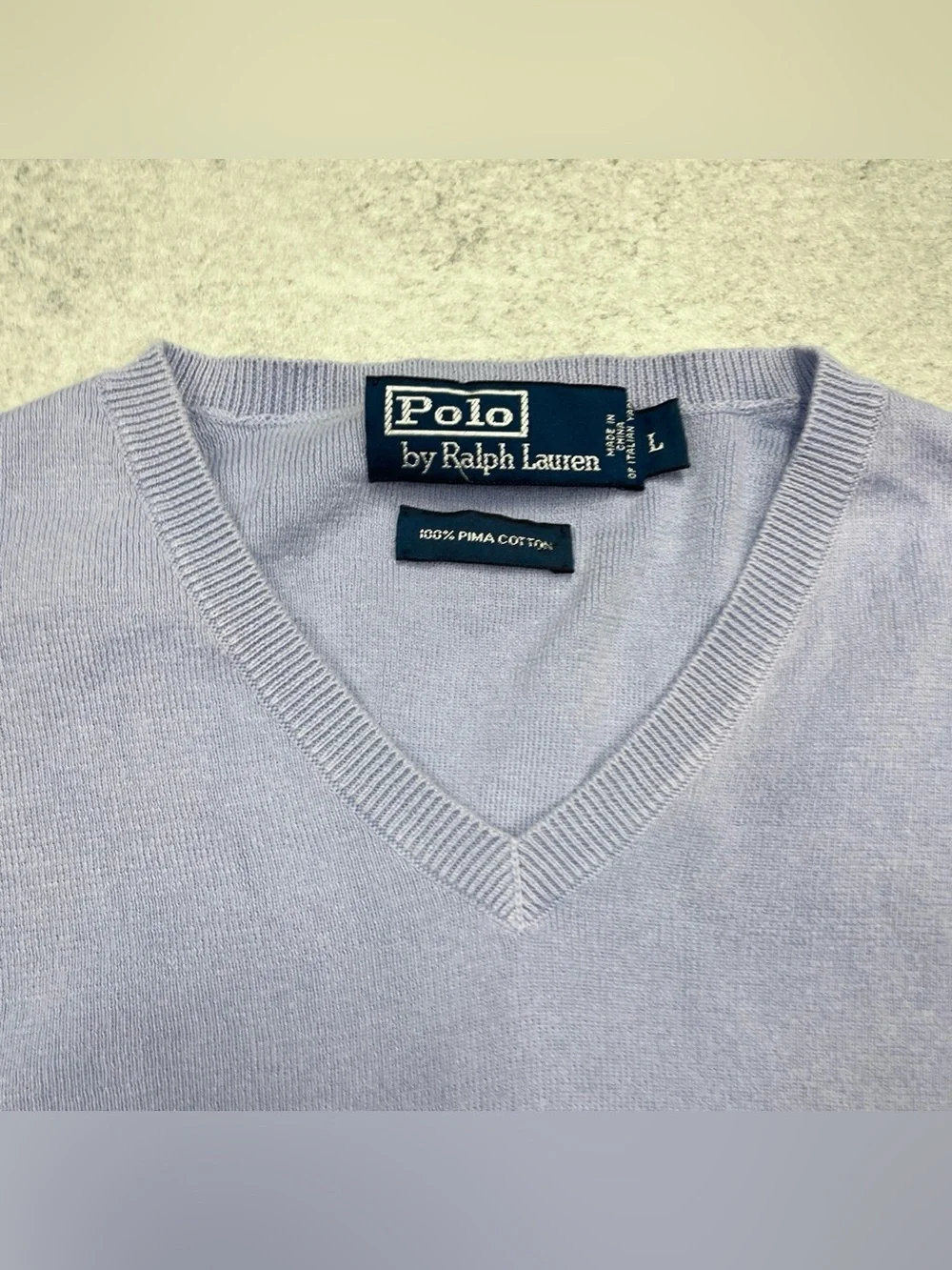 Vintage Polo Ralph Lauren Light Blue Yellow Pony Pima Cotton V-neck Knit Sweater